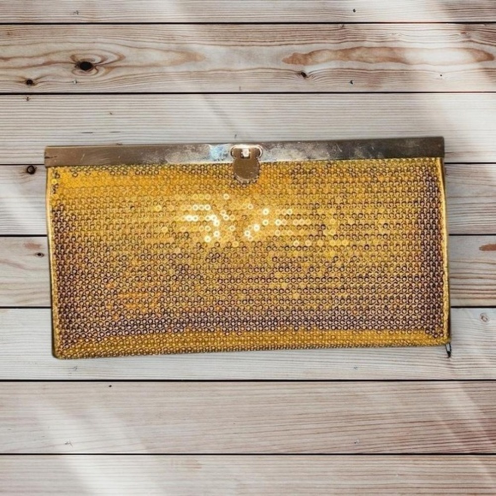 Vintage Ritz Portofino Metropolitan Gold sequin clutch bag with silver hardware